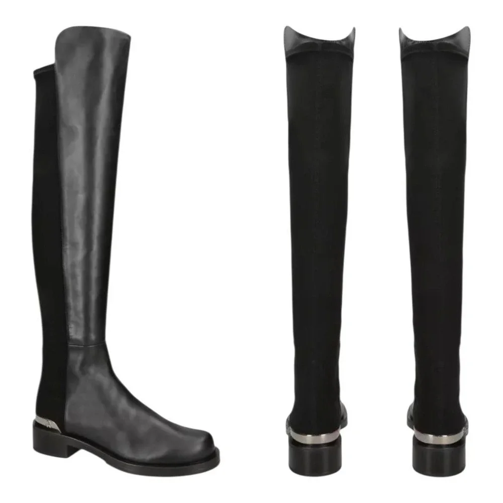 Stuart‎ Weitzman 5050 Bold Logo Over Knee Boots Leather Block Heel Black Womens